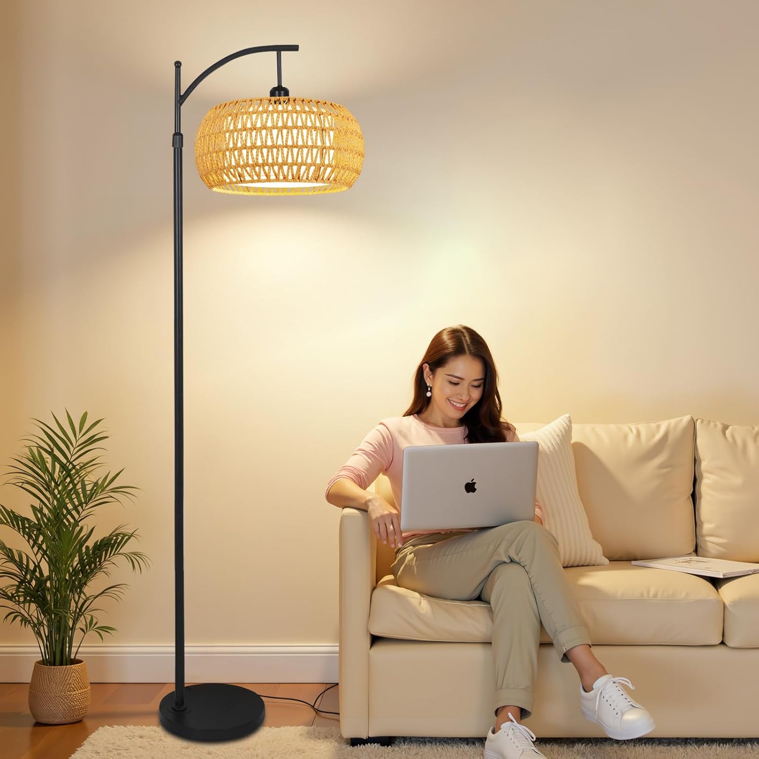 Chic Rattan Arc Floor Lamp